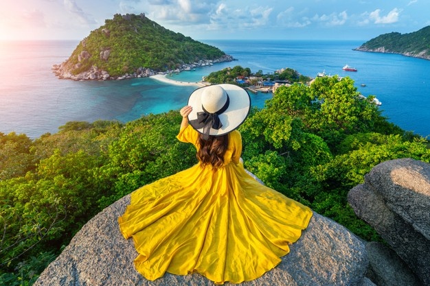 whoman with a yellow dress on a rock